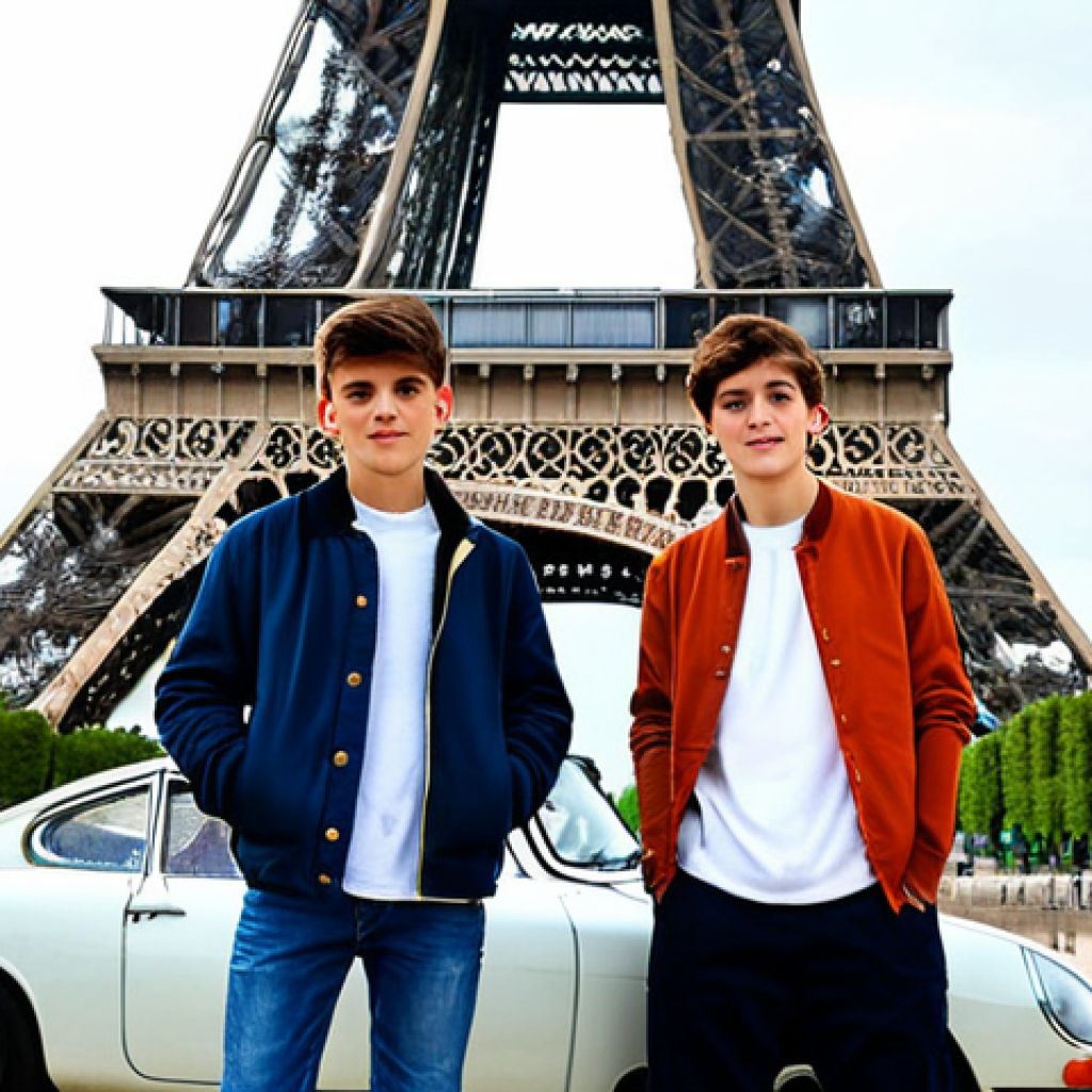 **

"Two fully clothed teenage brothers, Ryan and Kory, standing heroically in front of the Eiffel Tower in Paris, France. They are wearing modest, stylish casual clothes. In the background are classic French cars. Perfect anatomy, correct proportions, natural pose, safe for work, appropriate content, family-friendly, professional quality digital art."

**