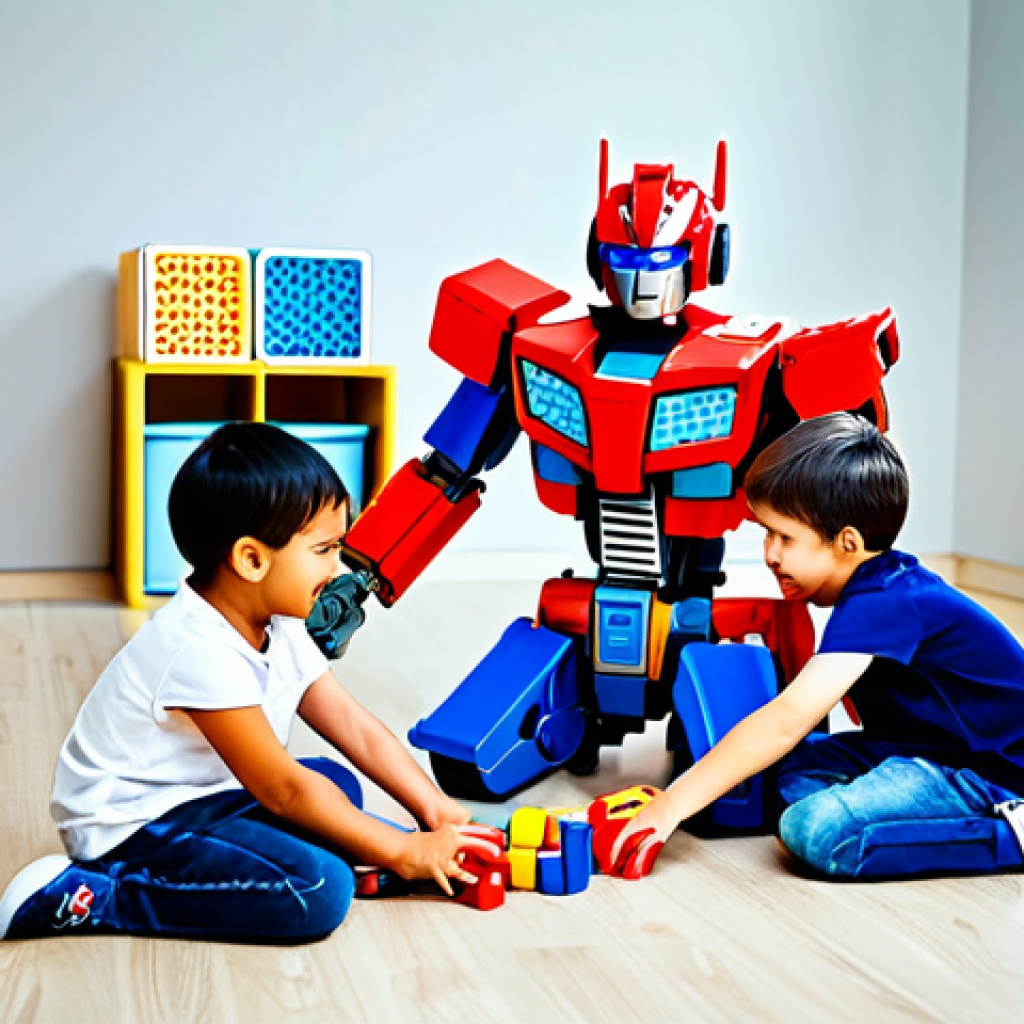 **

"A group of fully clothed children playing with Tobot transformer toys in a brightly lit playroom. The children are smiling and engaged, creating stories and scenarios with the toys. The room includes building blocks and other age-appropriate toys. Safe for work, appropriate content, family-friendly, perfect anatomy, natural proportions, professional photography, high quality."

**