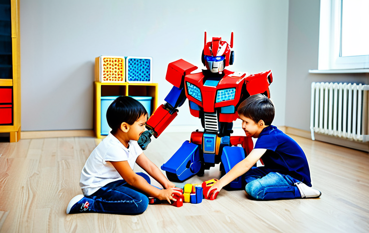 **

"A group of fully clothed children playing with Tobot transformer toys in a brightly lit playroom. The children are smiling and engaged, creating stories and scenarios with the toys. The room includes building blocks and other age-appropriate toys. Safe for work, appropriate content, family-friendly, perfect anatomy, natural proportions, professional photography, high quality."

**