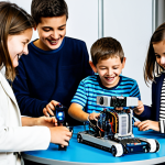 Robotics Workshop in Paris**

"A group of fully clothed children enthusiastically building robots at a robotics workshop in the Cité des Sciences et de l'Industrie in Paris.  The scene is brightly lit, showing children collaborating and laughing.  Appropriate attire, safe for work, family-friendly, perfect anatomy, natural proportions, professional photography, high quality."

**