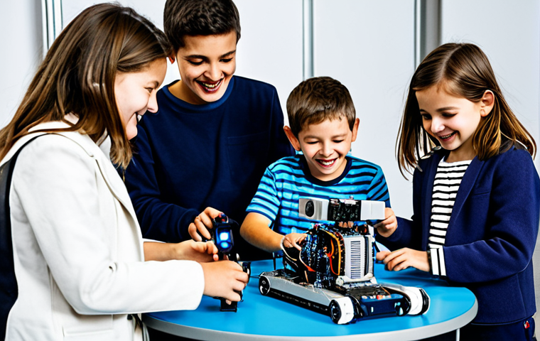 Robotics Workshop in Paris**

"A group of fully clothed children enthusiastically building robots at a robotics workshop in the Cité des Sciences et de l'Industrie in Paris.  The scene is brightly lit, showing children collaborating and laughing.  Appropriate attire, safe for work, family-friendly, perfect anatomy, natural proportions, professional photography, high quality."

**