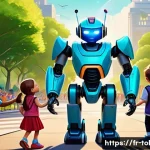 또봇과 타 로봇 애니메이션 비교 - A colorful, futuristic cartoon scene featuring a friendly robot hero with rounded shapes and express...