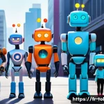 또봇 제작진 인터뷰 요약 - A vibrant and dynamic scene featuring a group of colorful, uniquely designed robot characters and ch...