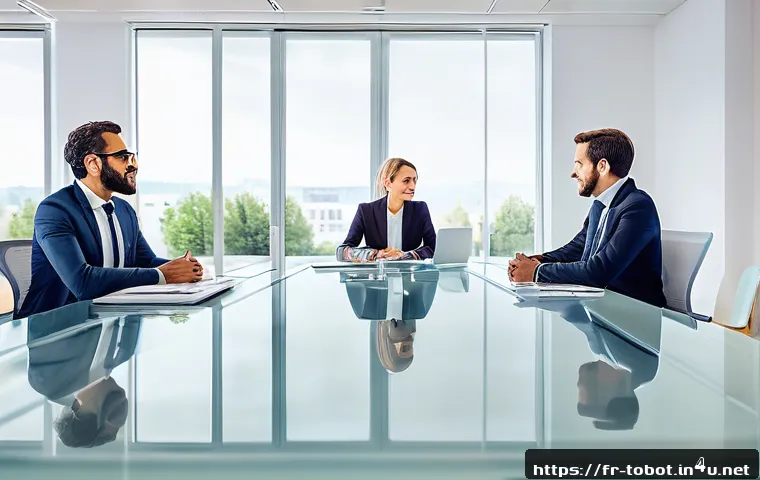 또봇 스토리 속 주인공 팀워크 분석 - A diverse professional team engaged in a transparent and open discussion around a modern office conf...