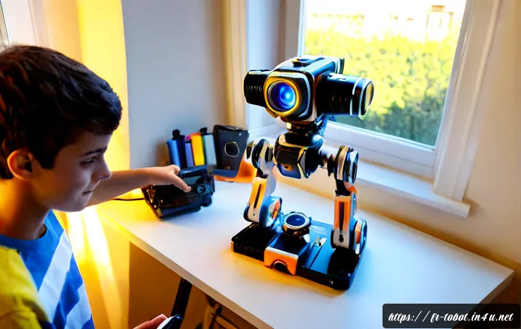 Home 17 또봇 팬 제작 영상 톱10 - Photorealistic French teenage hobbyist filming a custom-built colorful transforming robot toy on a t...